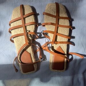NWT Zara Women’s Brown Leather Cage Woven Rattan Square Toe Sandals size 38!